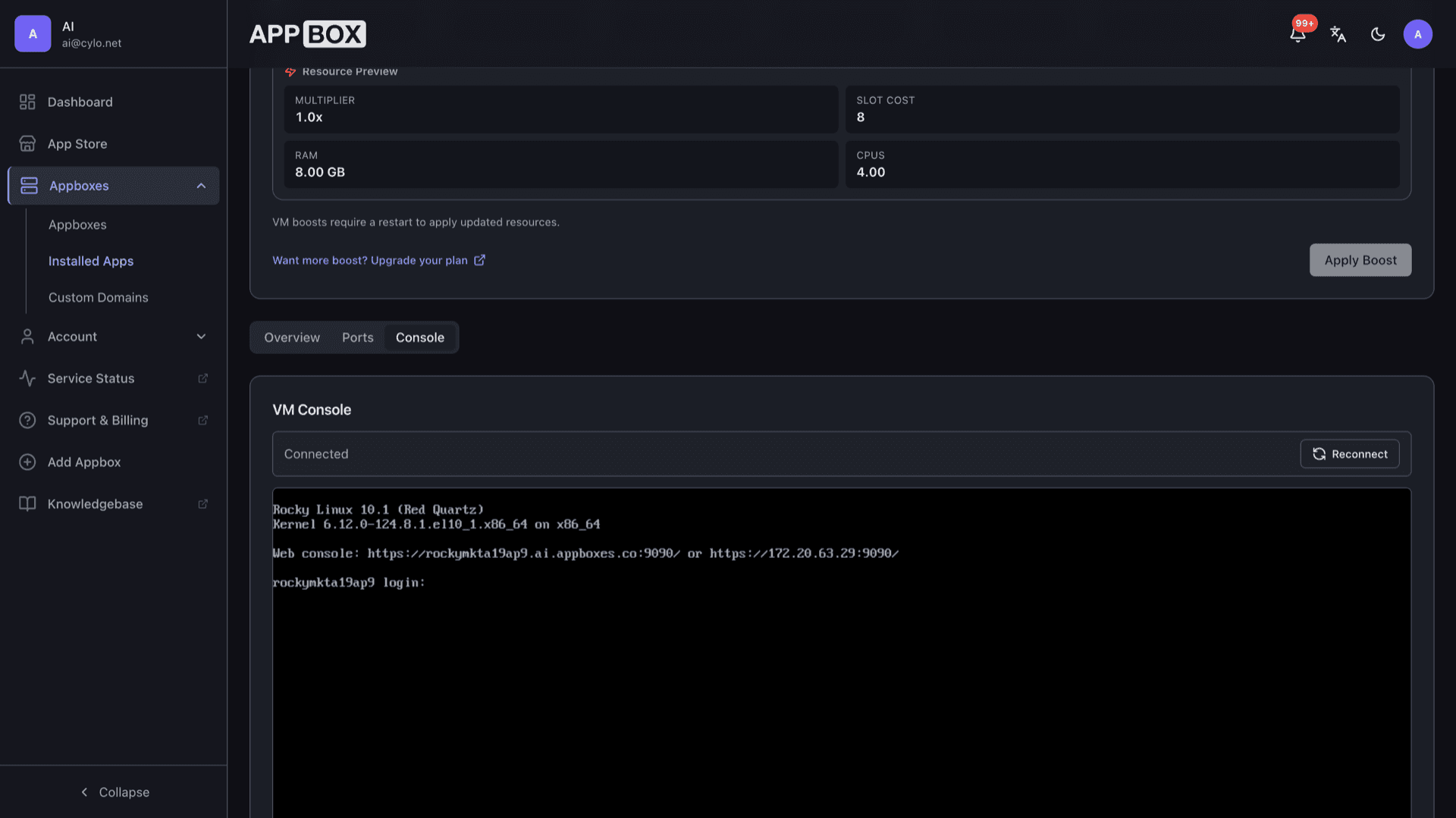 VM web console connected to a running Rocky Linux guest showing the login prompt after boot