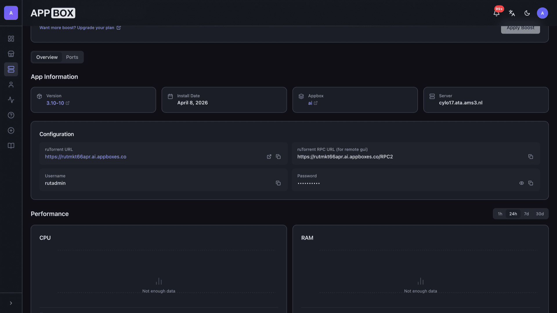 Appbox installed app Overview for ruTorrent showing Web UI link, RPC URL, and masked credentials