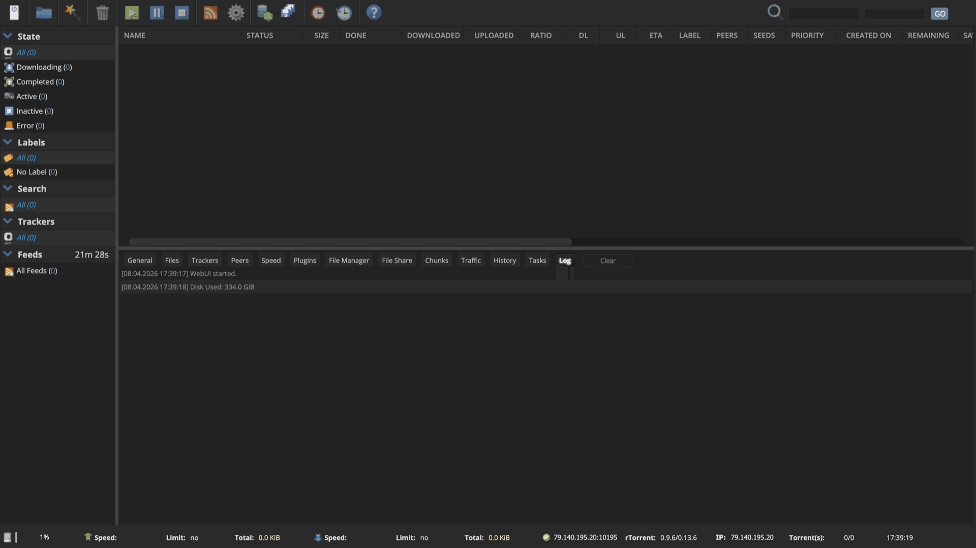 ruTorrent main window after authentication with toolbar, category filters, and empty torrent list