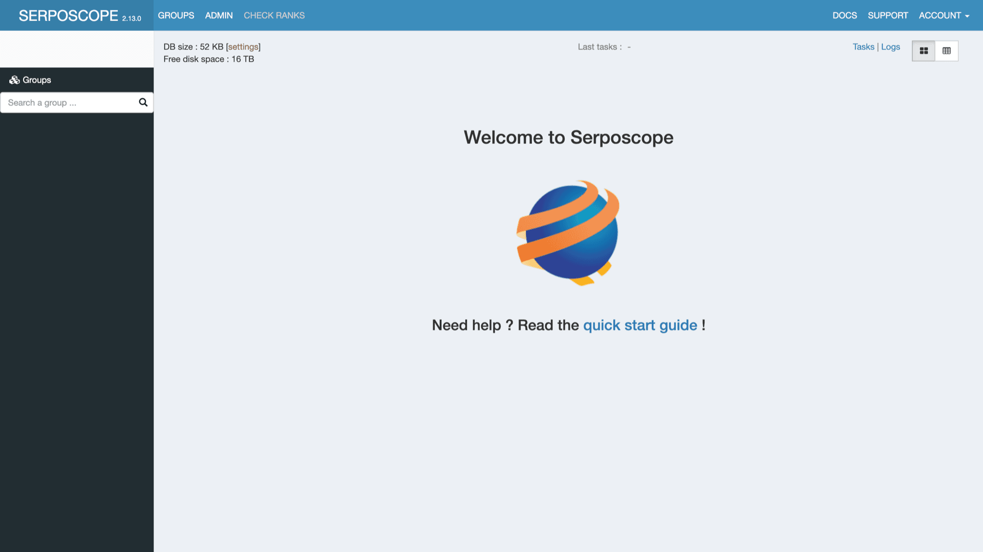 Serposcope home dashboard after login with welcome screen, groups sidebar, and check ranks shortcuts