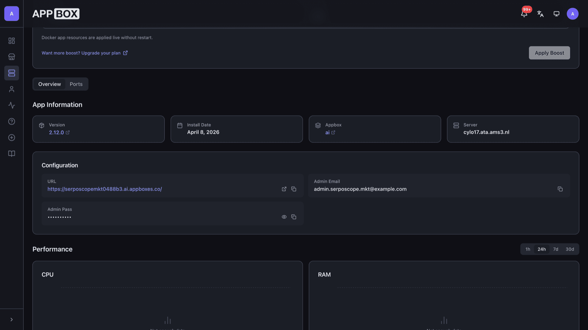 Appbox installed app overview for Serposcope showing Web UI URL, version, and Configuration with admin email