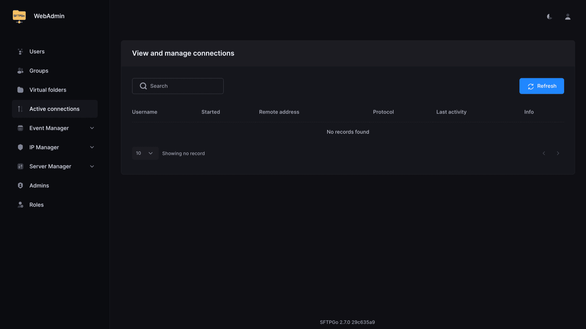 SFTPGo WebAdmin active connections view with search and refresh controls