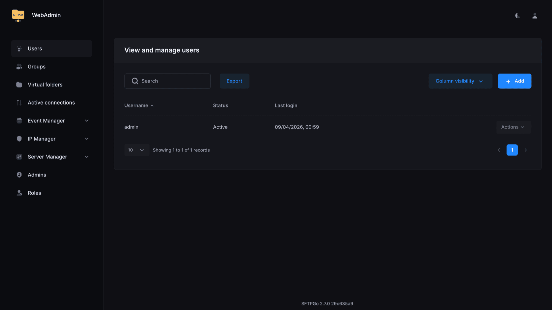 SFTPGo WebAdmin users table showing the admin account, status, and toolbar actions