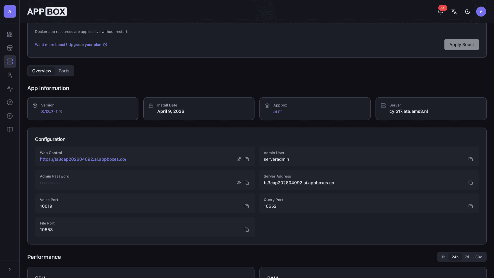Installed TeamSpeak 3 Server on Appbox showing Overview tab with Web Control, server address, voice, query, and file ports