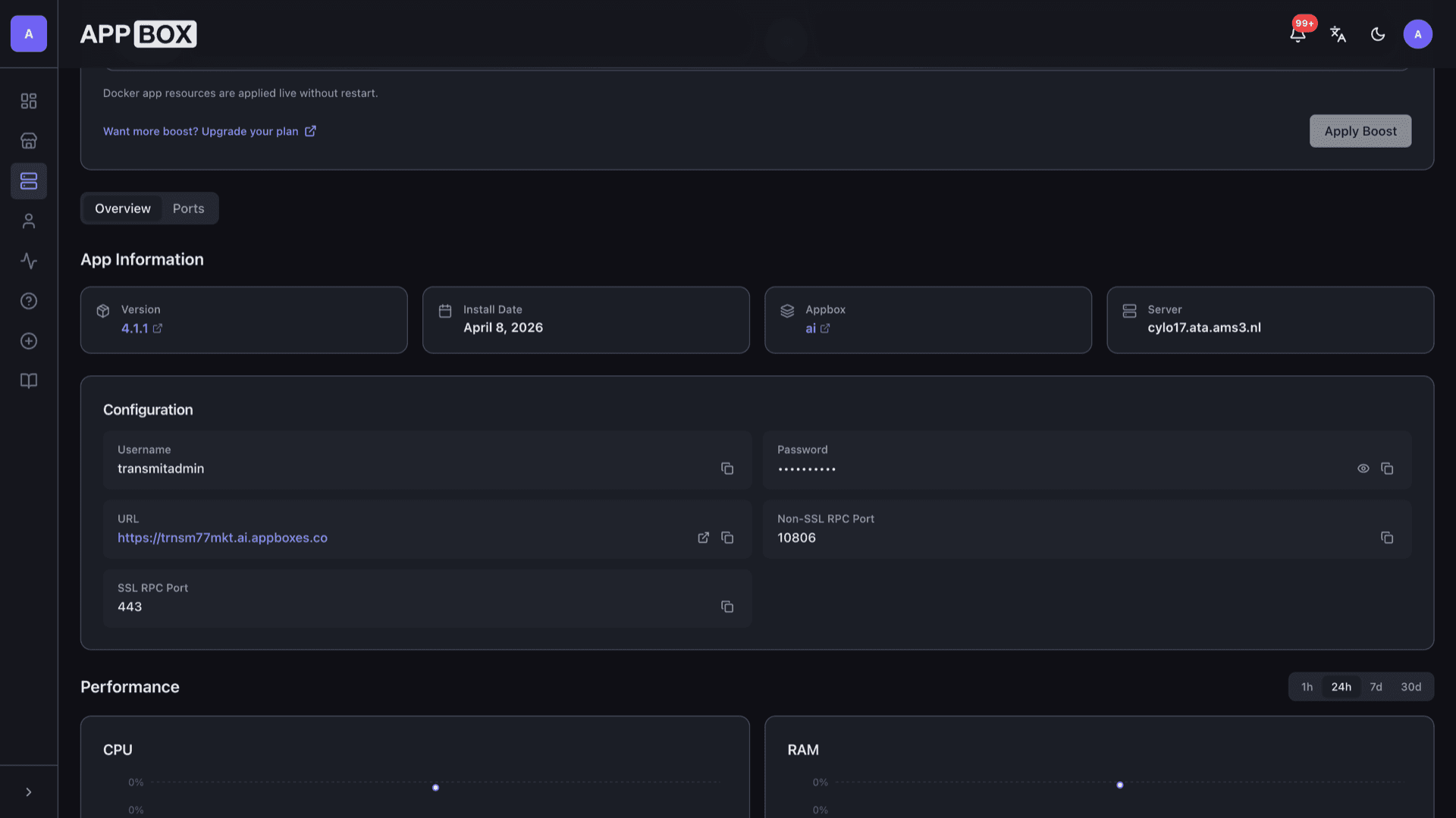 Appbox installed app Overview for Transmission showing Web UI link, username, and RPC port fields