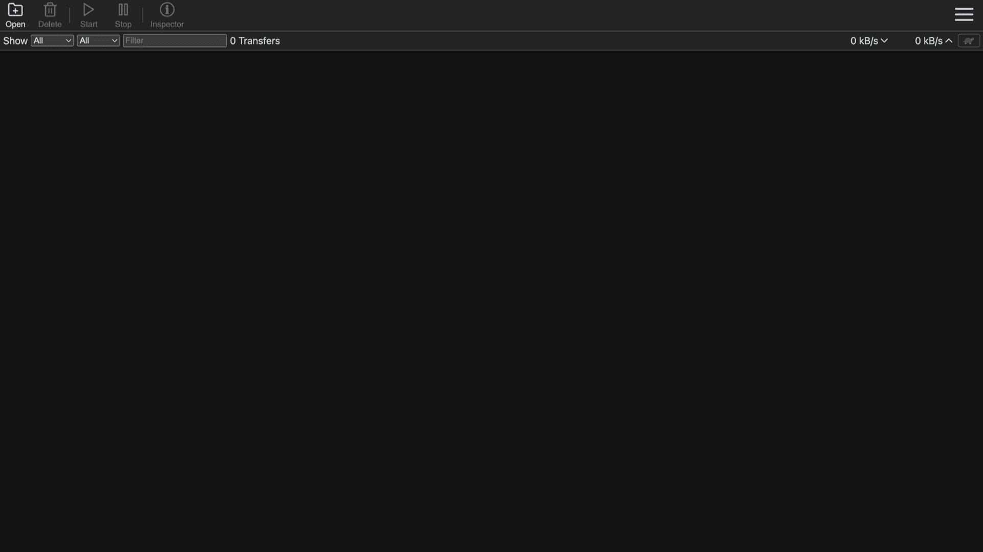 Transmission web interface after authentication with toolbar, filters, and empty transfer list