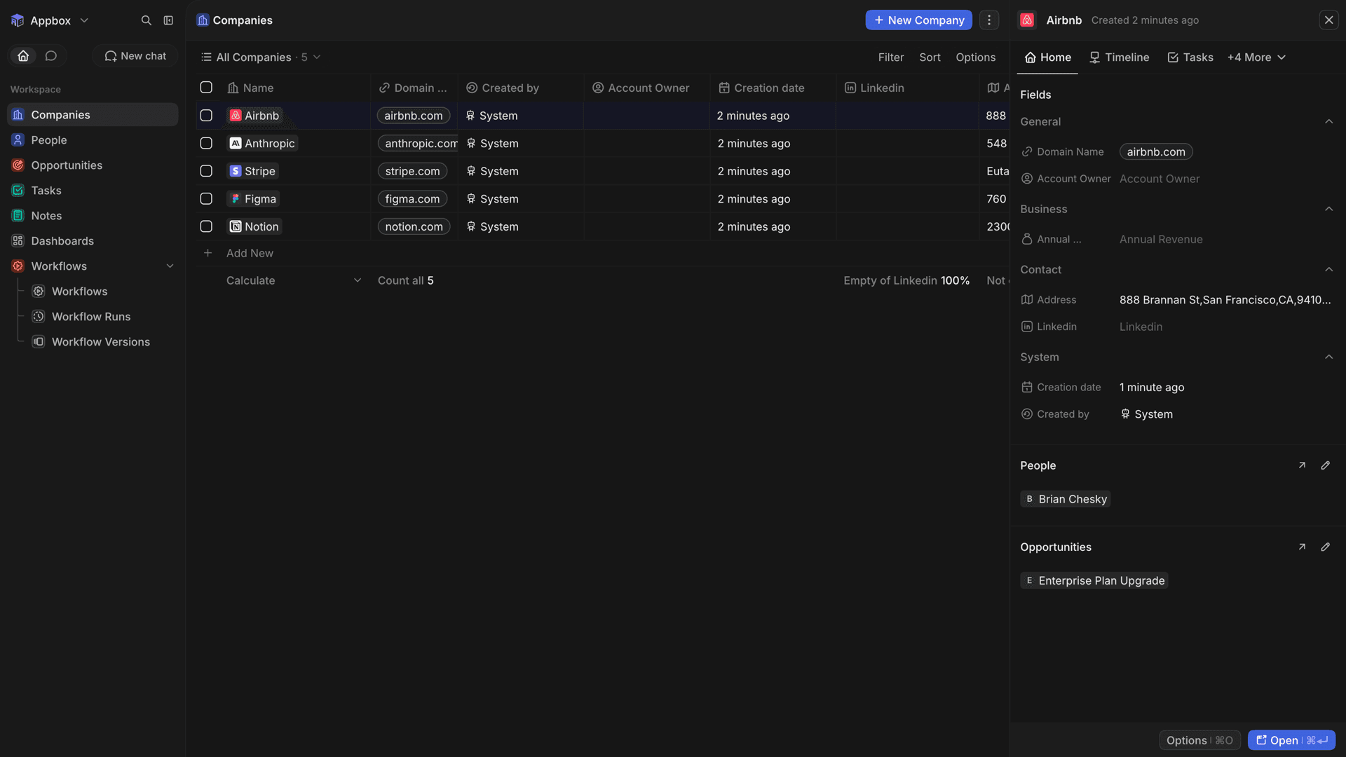 Twenty CRM workspace showing the signed-in application interface