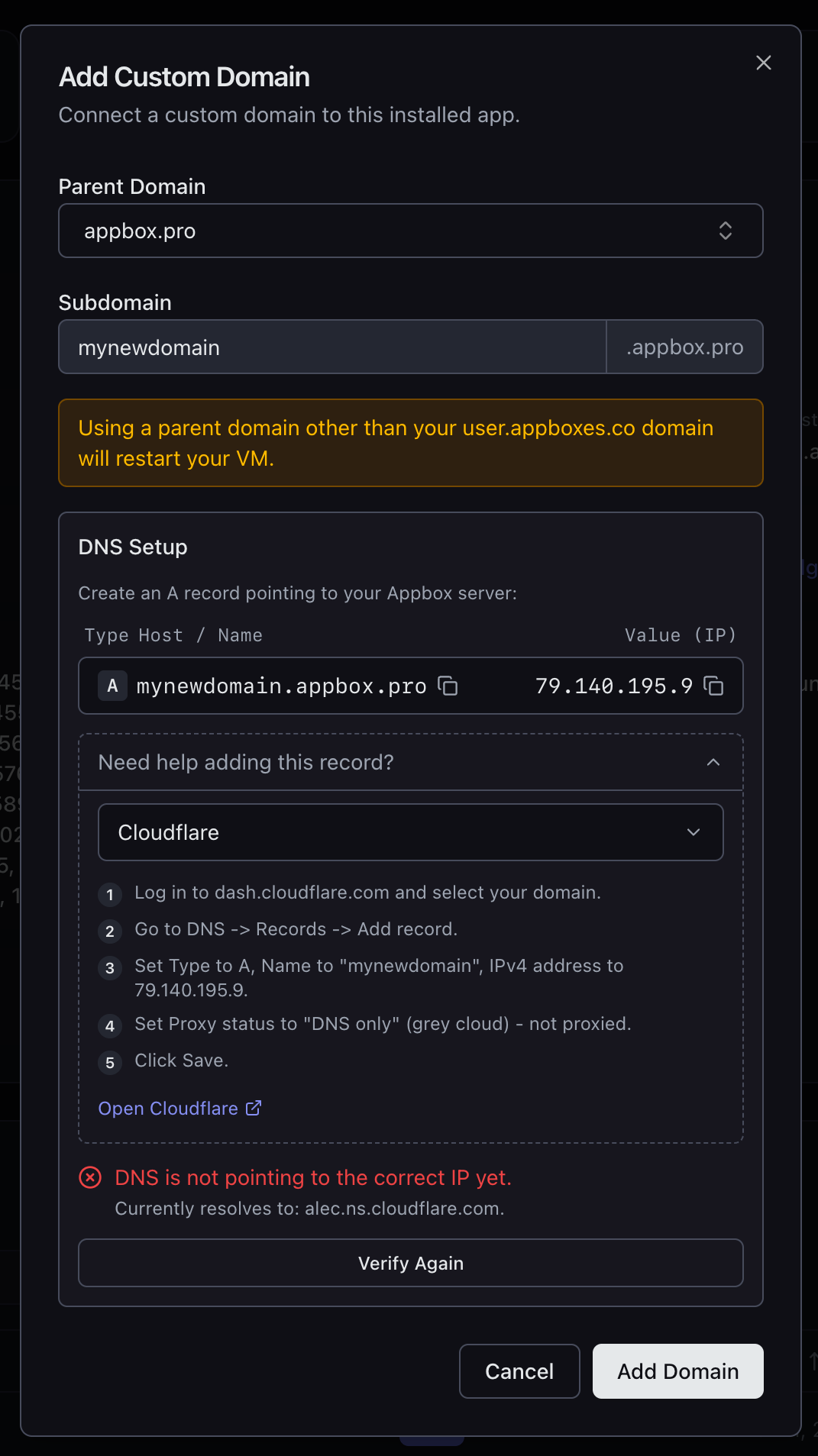 Adding a custom domain with DNS verification and provider-specific instructions