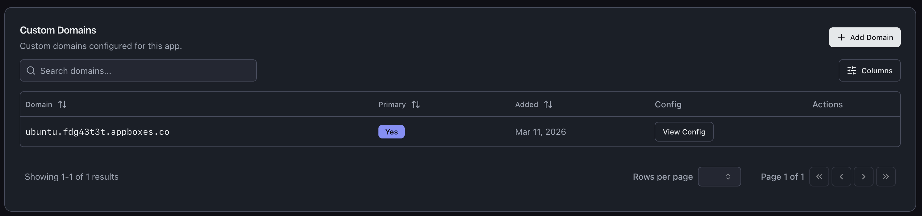 Custom Domains table on a VPS app detail page