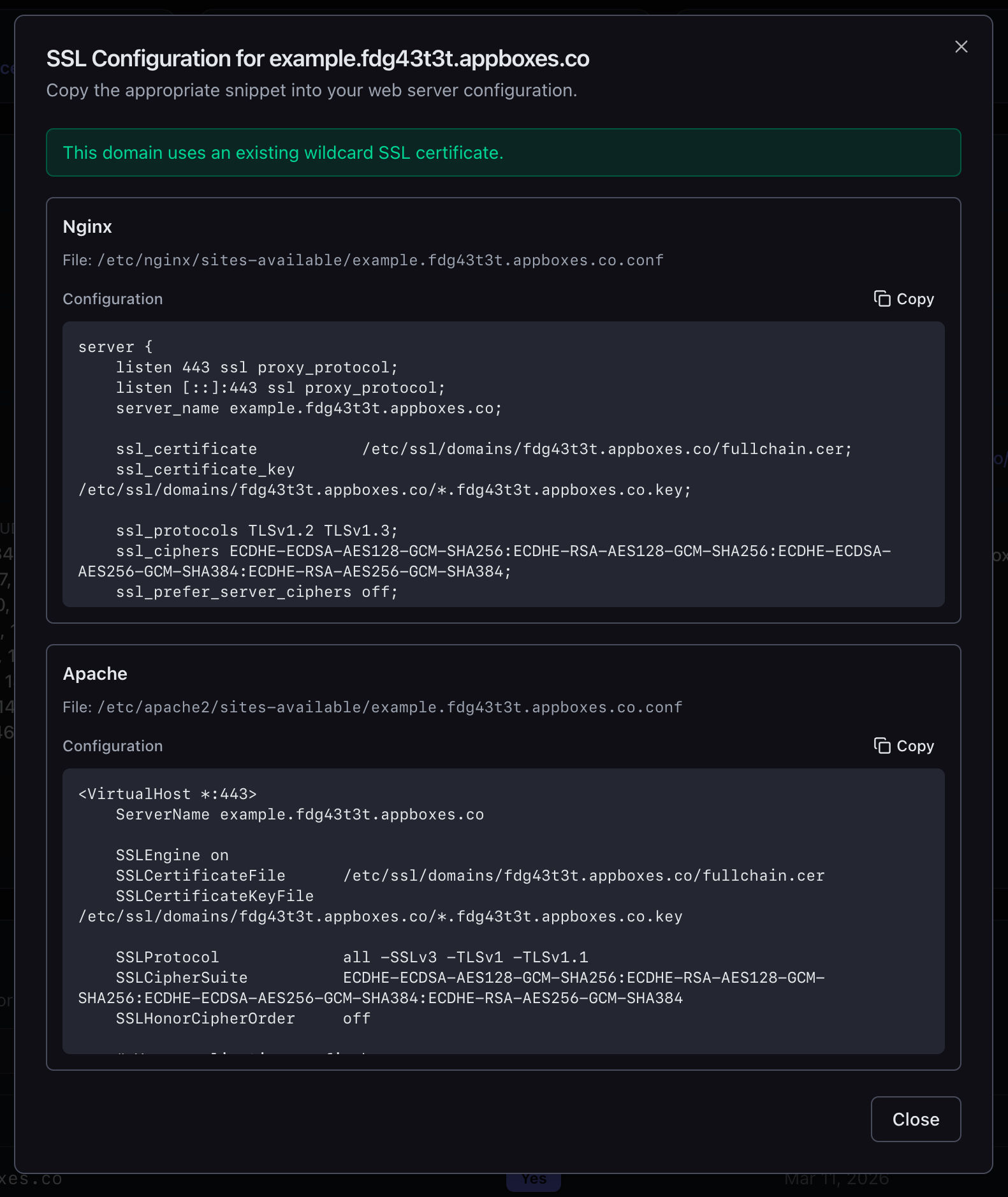 SSL configuration snippets for Nginx and Apache