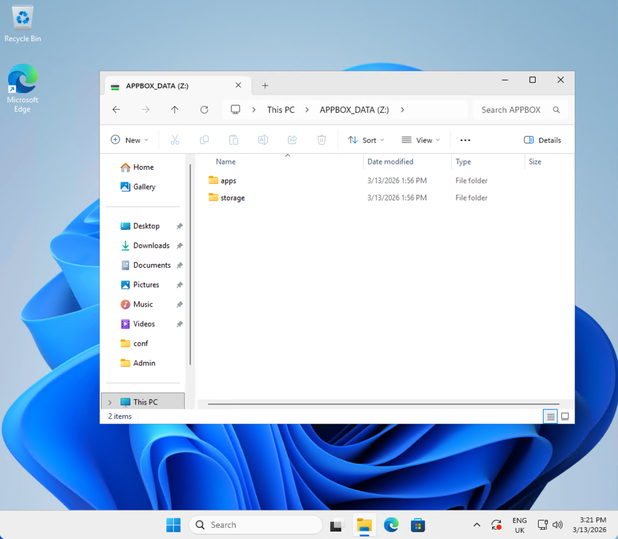 Windows 11 File Explorer showing APPBOX_DATA as the Z: drive with apps and storage folders