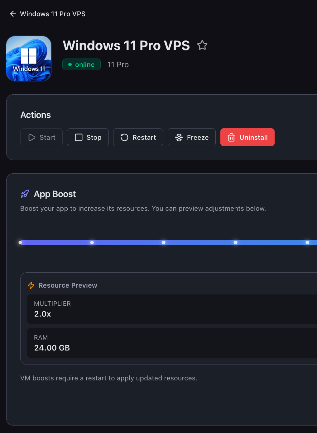 Windows 11 Pro VPS detail page showing App Boost and the new Freeze button