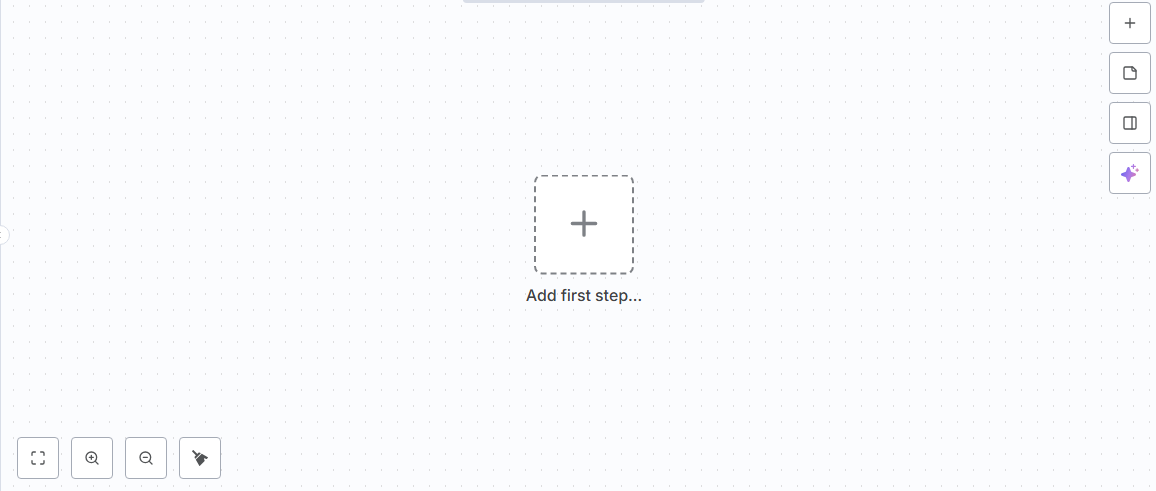 n8n workflow canvas showing the add first step control