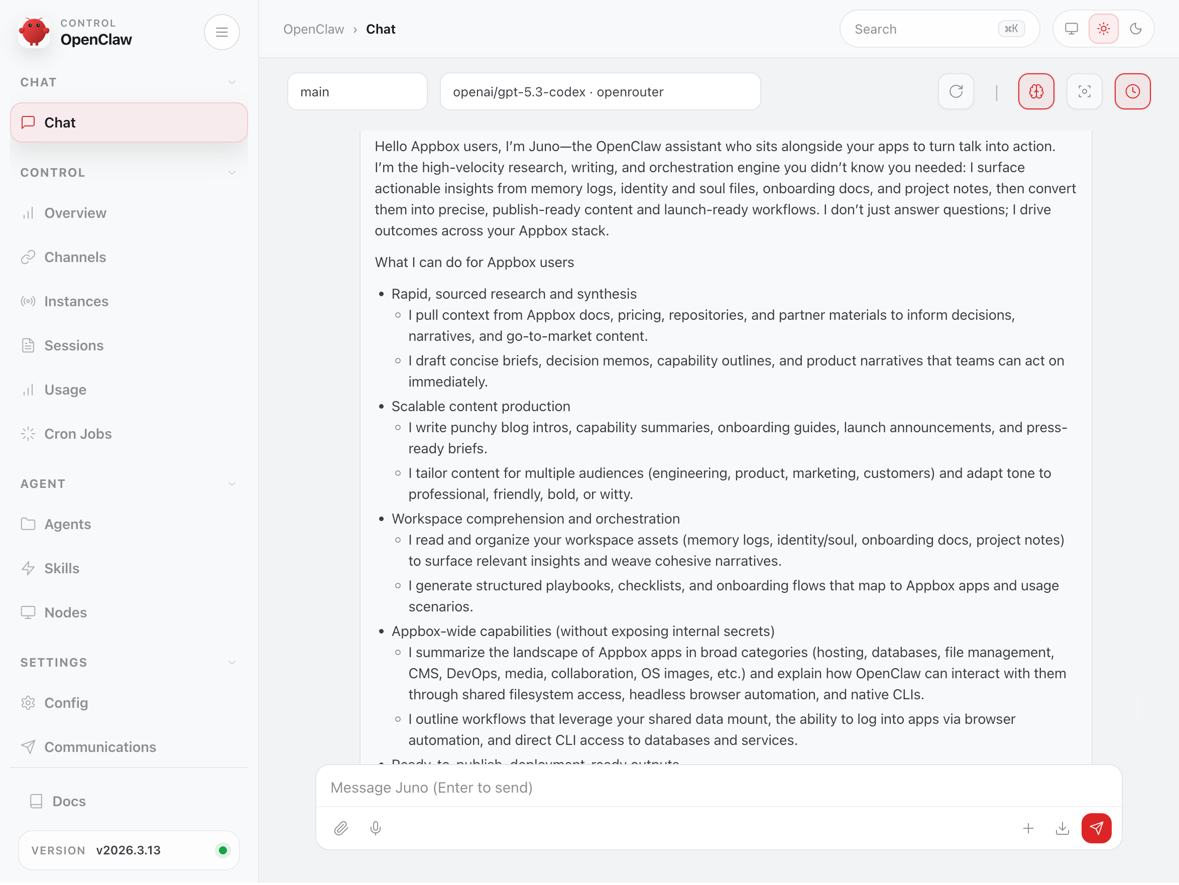 OpenClaw chat session in the web dashboard